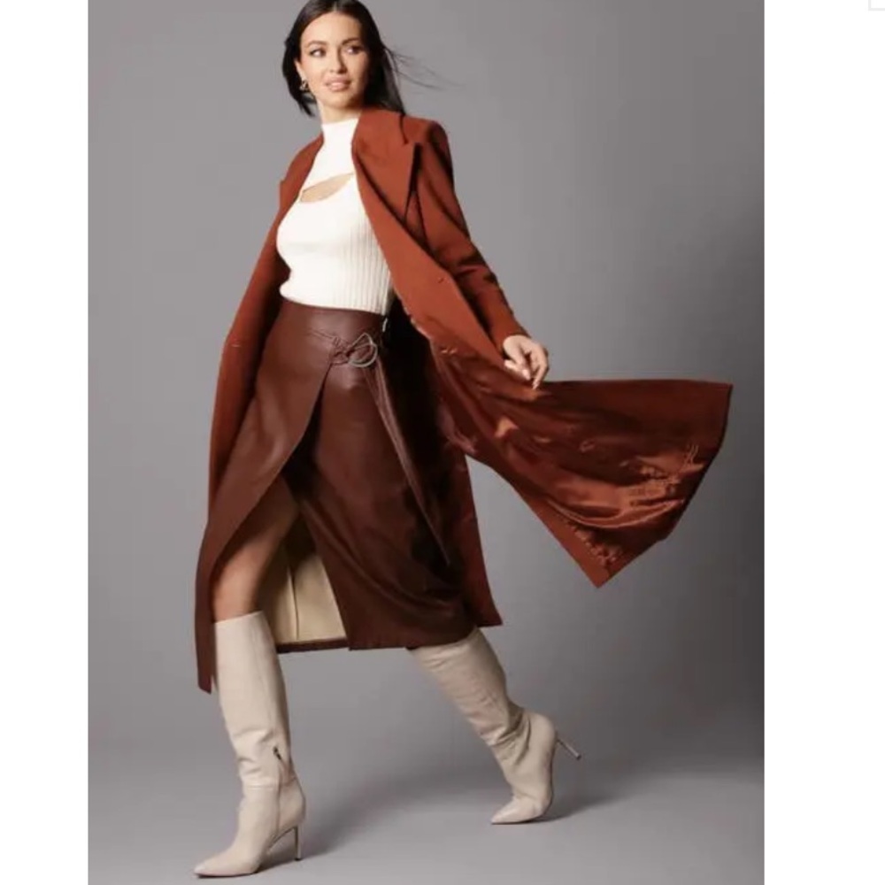 NWT! Avec Les Filles Faux-Ever Brown Wrap Skirt With the Girls M